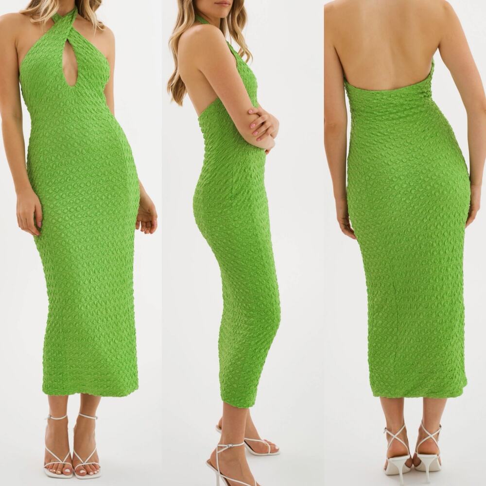 LaMarque Miles‎ Halterneck Dress Green Deep V Textured Midi Dress Bodycon Medium